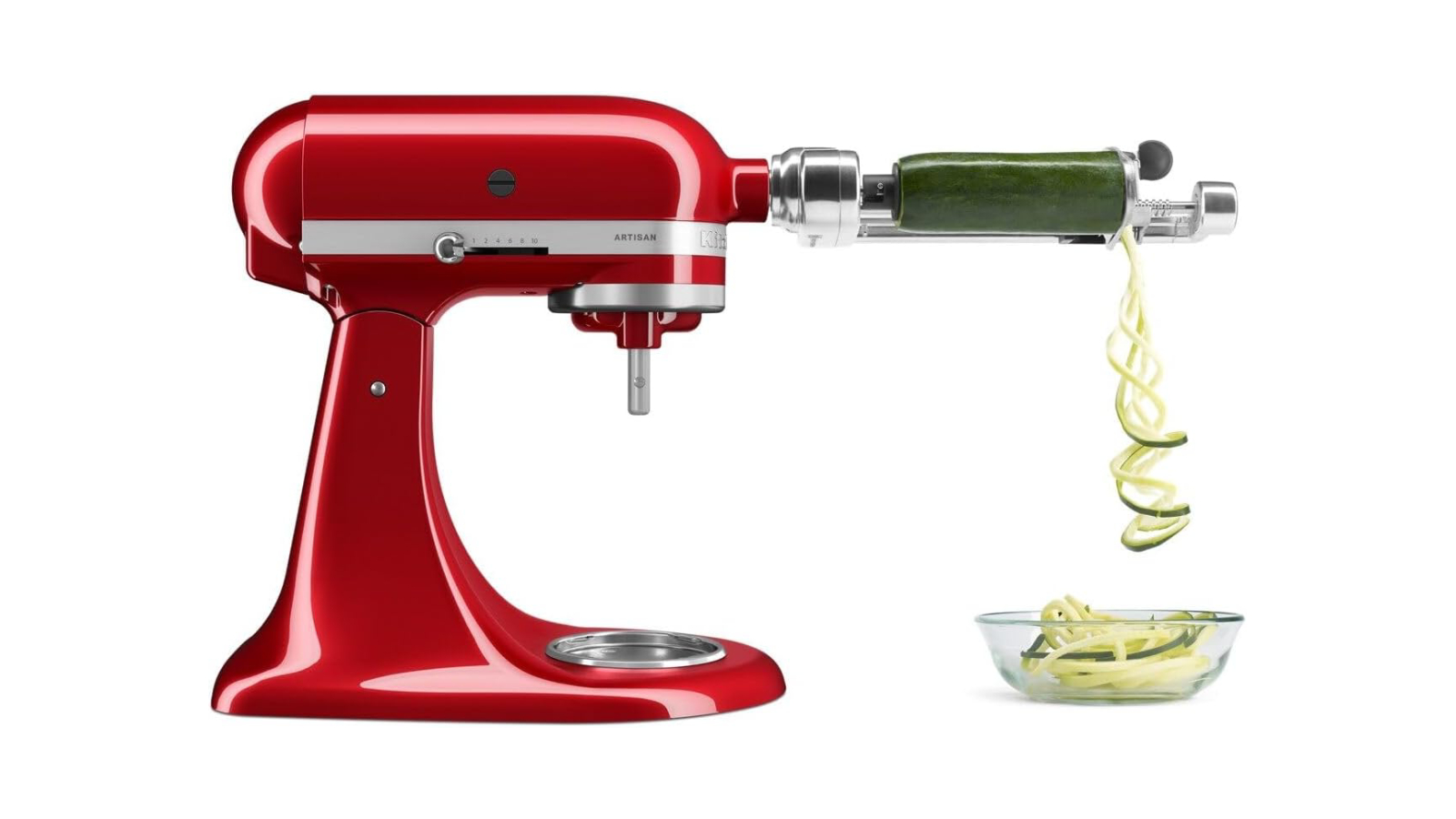 KitchenAid stand mixer spiralizing a zucchini with the spiralizer attachment.