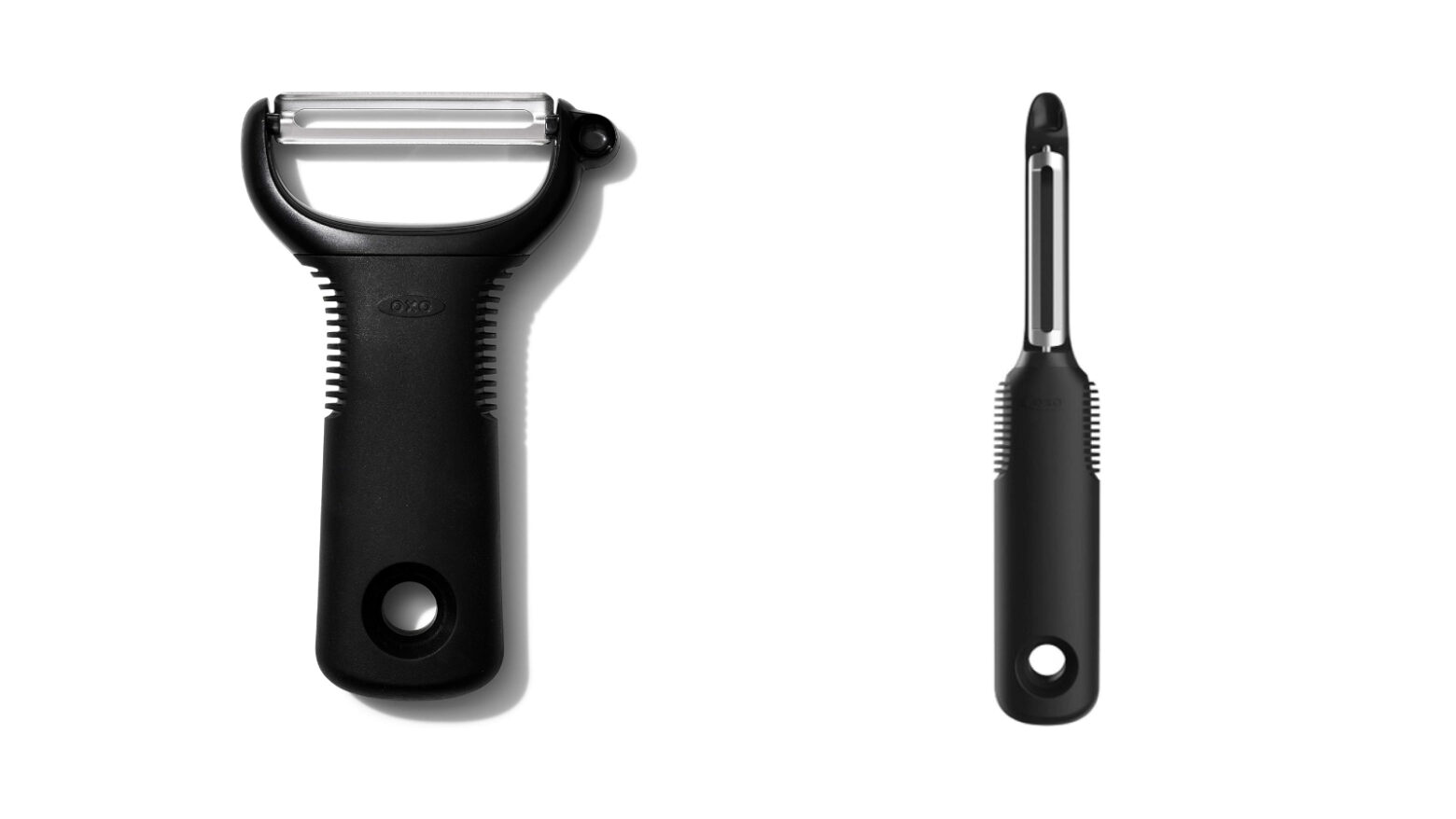 Y-shaped vegetable peeler next to a straight vegetable peeler.