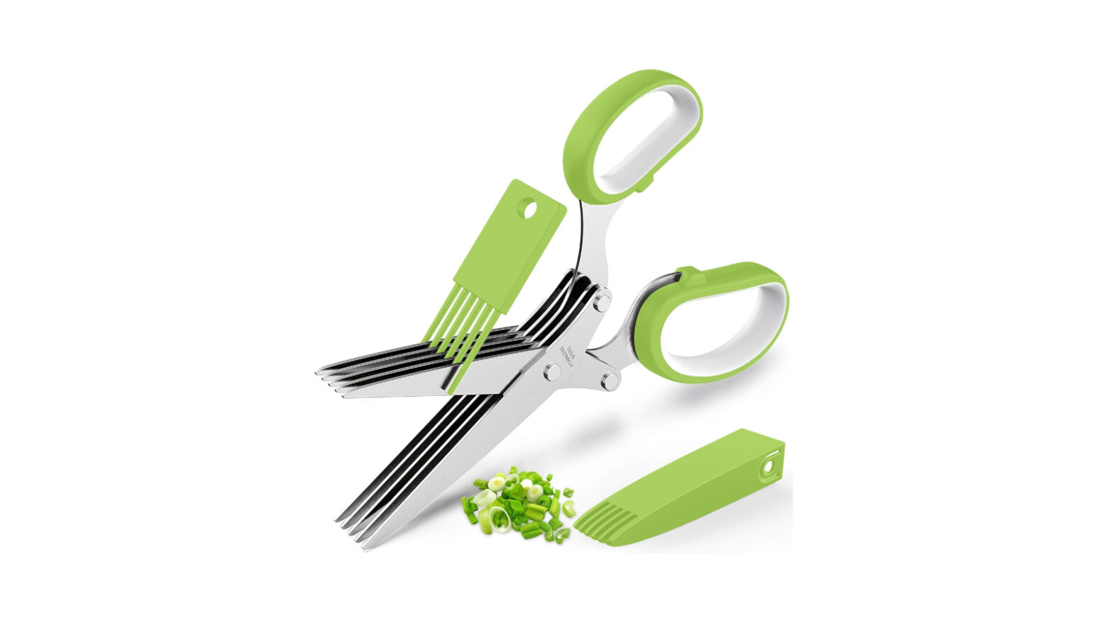 Five-blade scissors with comb and blade guard.