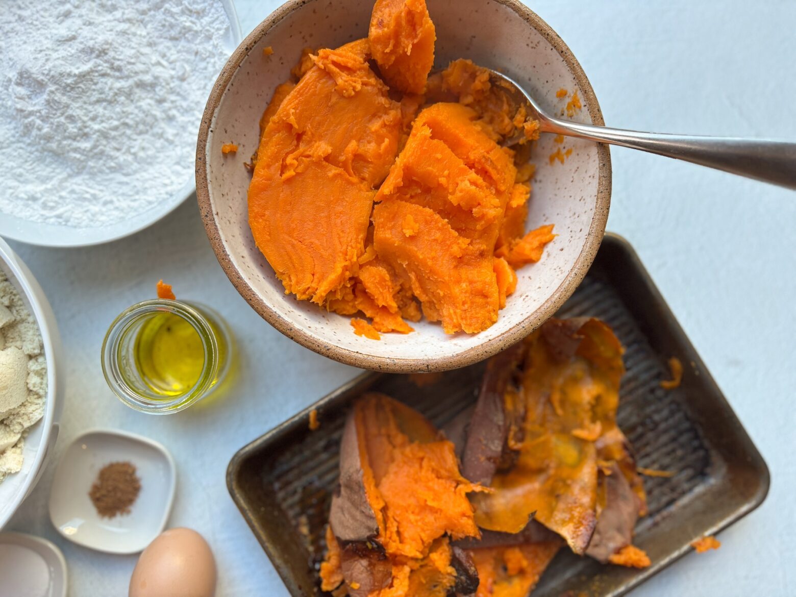 Preparing the sweet potato gnocchi batter.