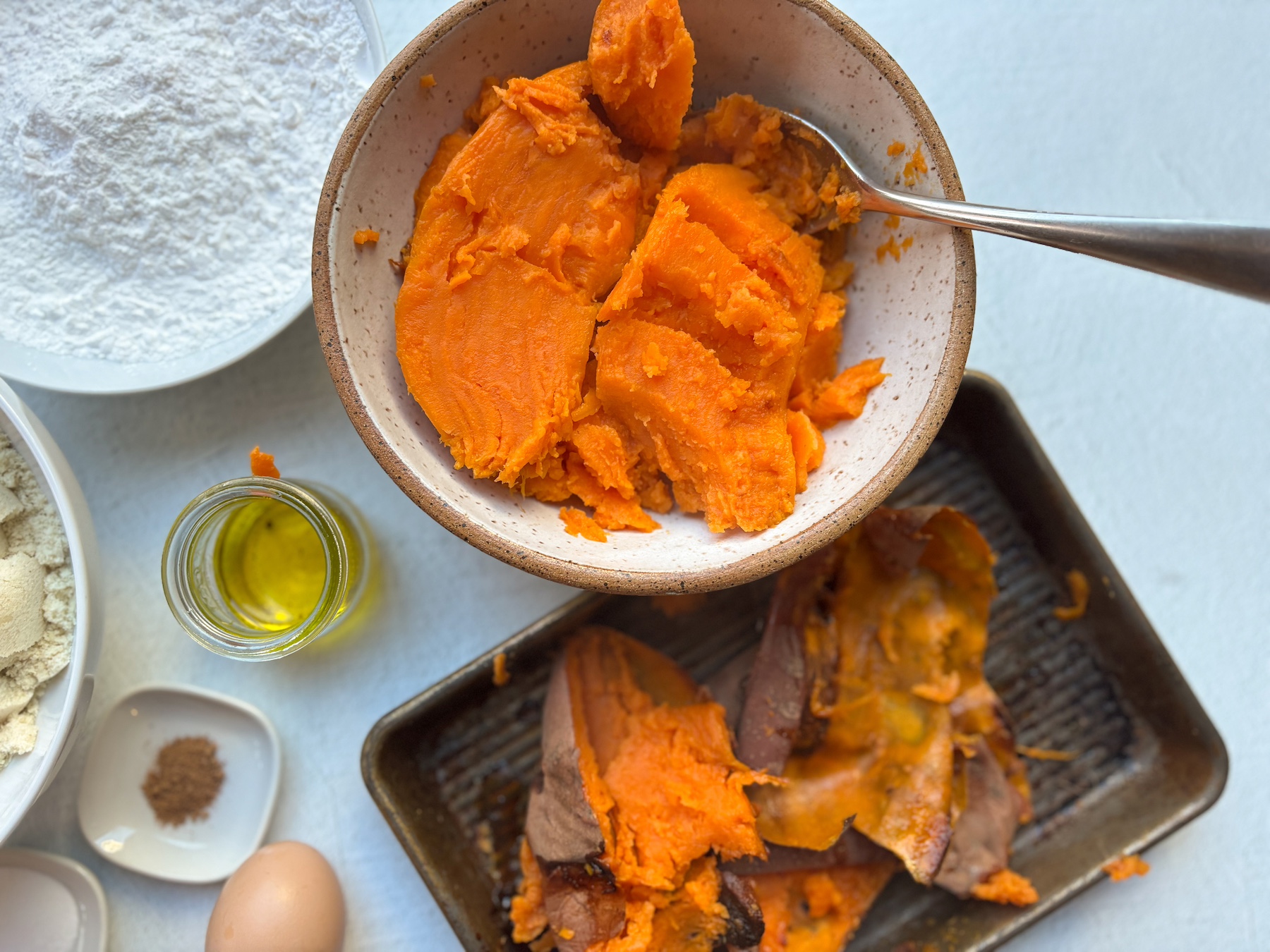 Preparing the sweet potato gnocchi batter.
