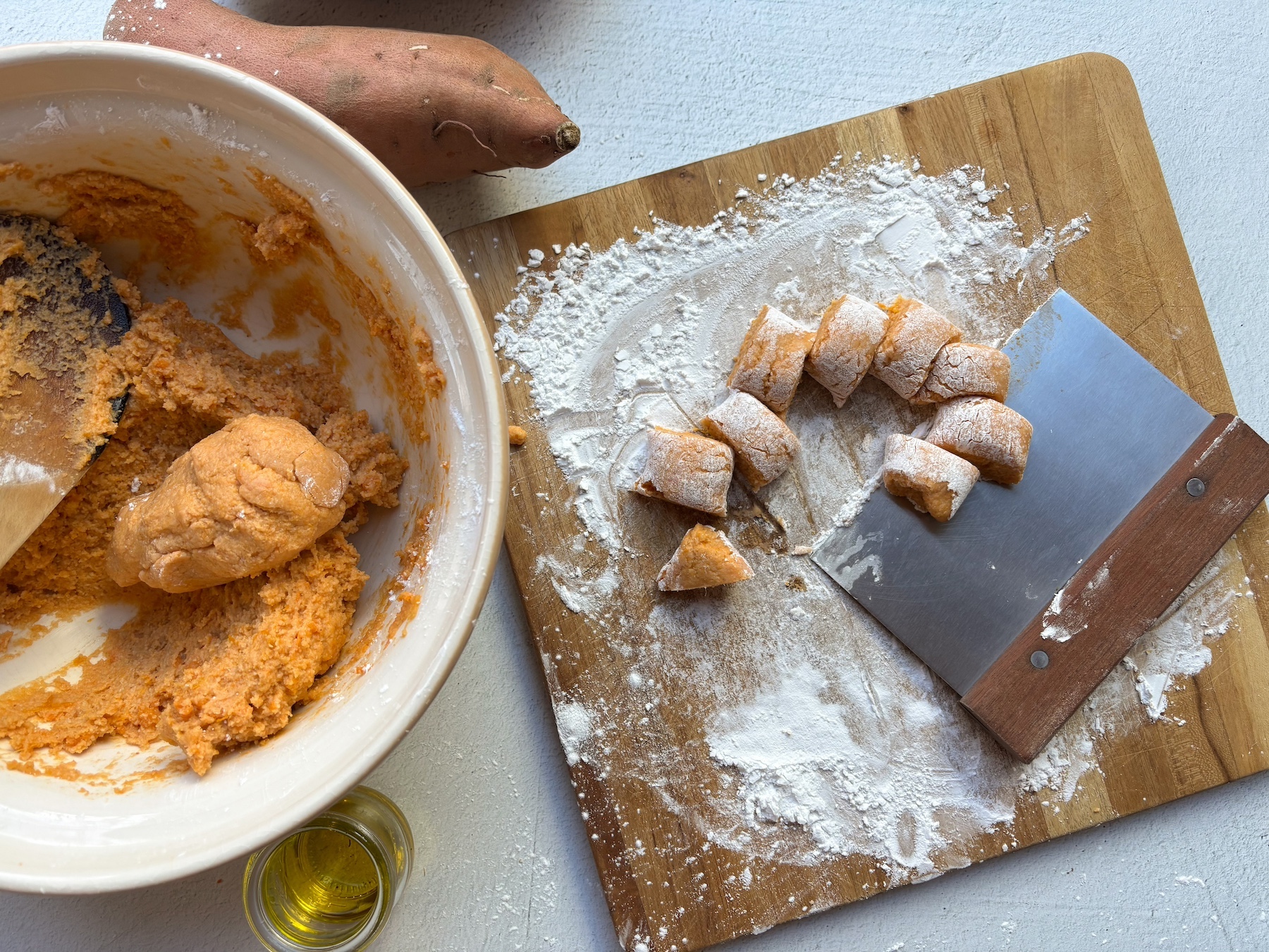 Sweet potato gnocchi preparation before baking.