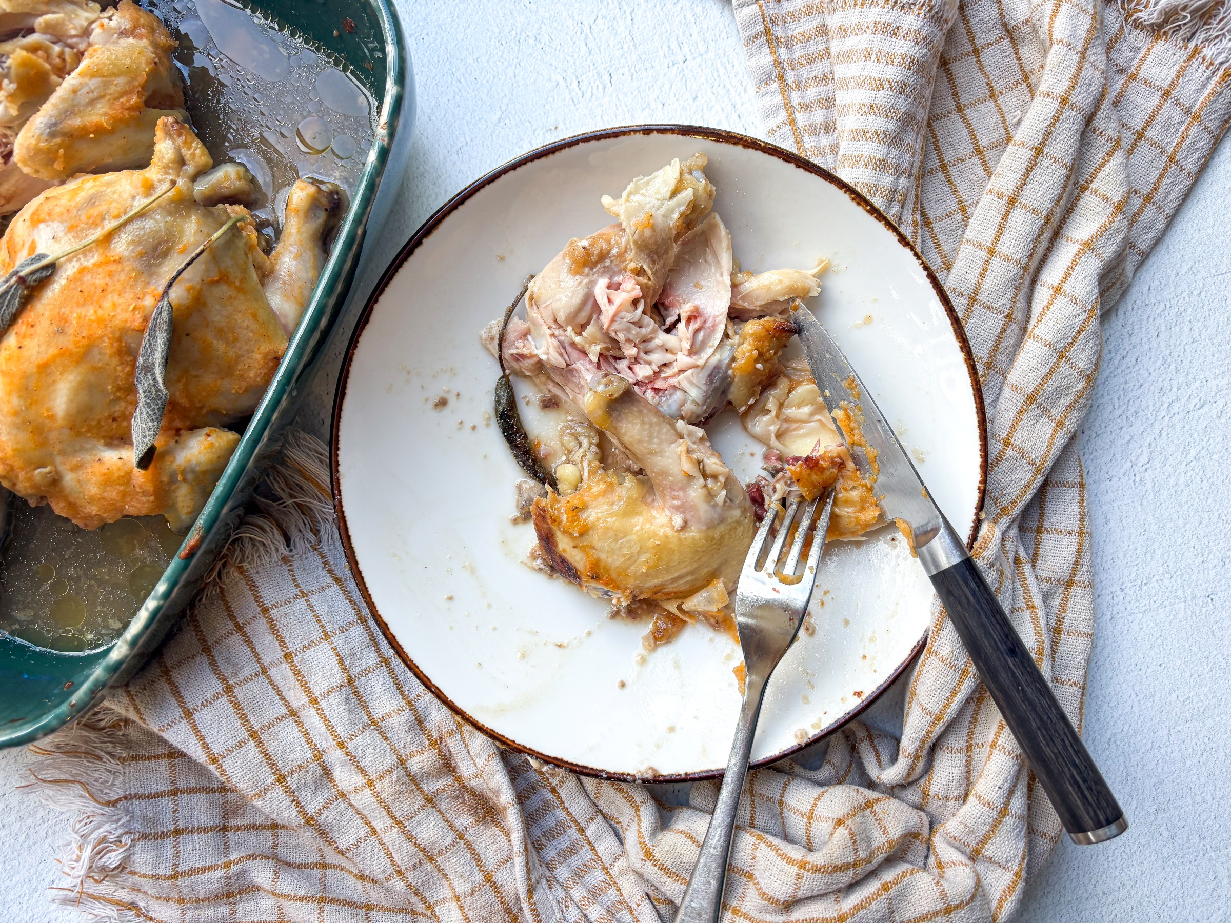 Cornish hen meat on a plate.