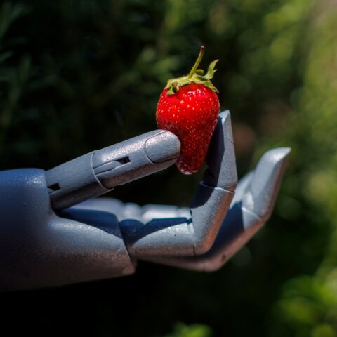 A robot hand holds up a ripe strawberry.