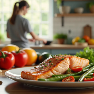 A salmon dish on a kitchen counter.