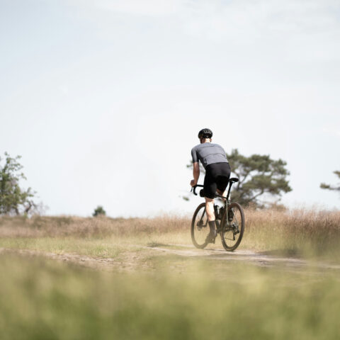 A cyclist riding through a grassy open space.
