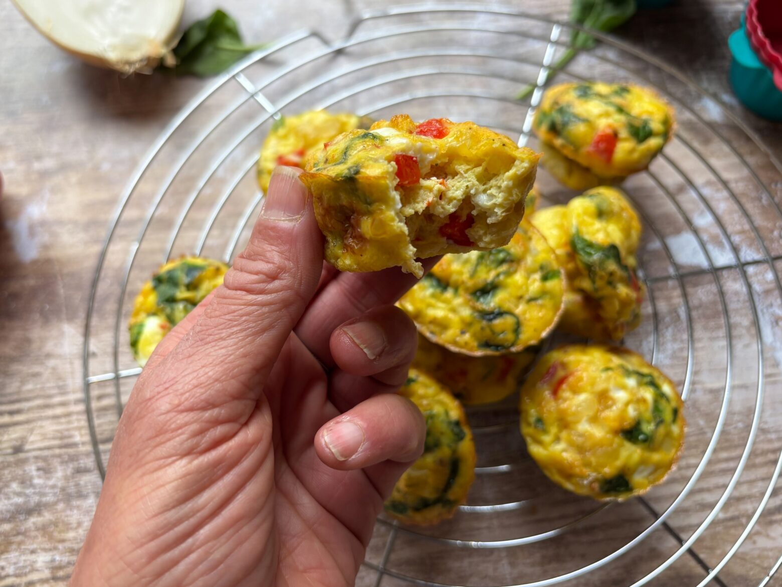 Red Pepper & Spinach Egg Bites with a bite taken out of one.