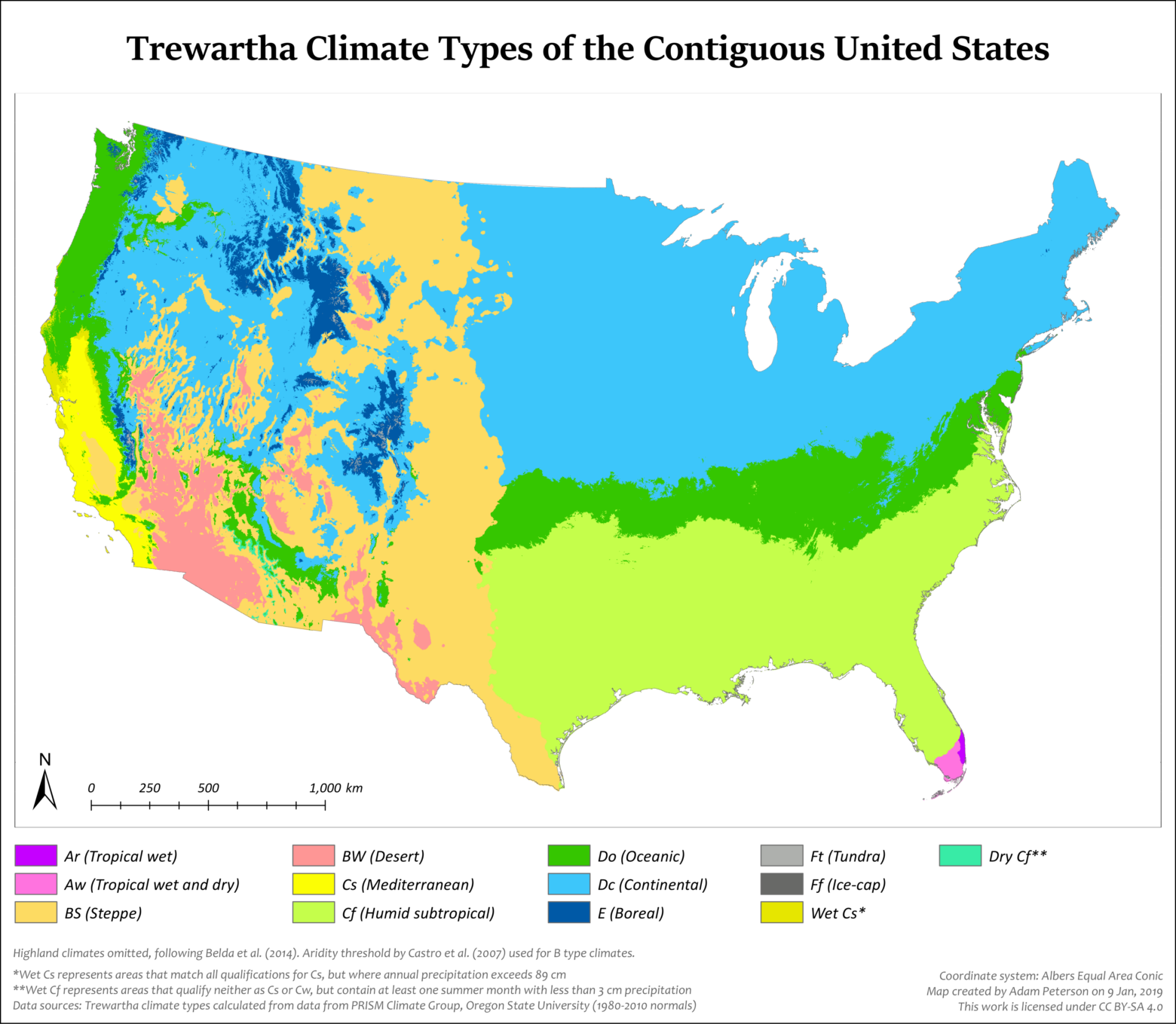 Map of the contiguous United States color coded according to the Trewartha climate classification system.