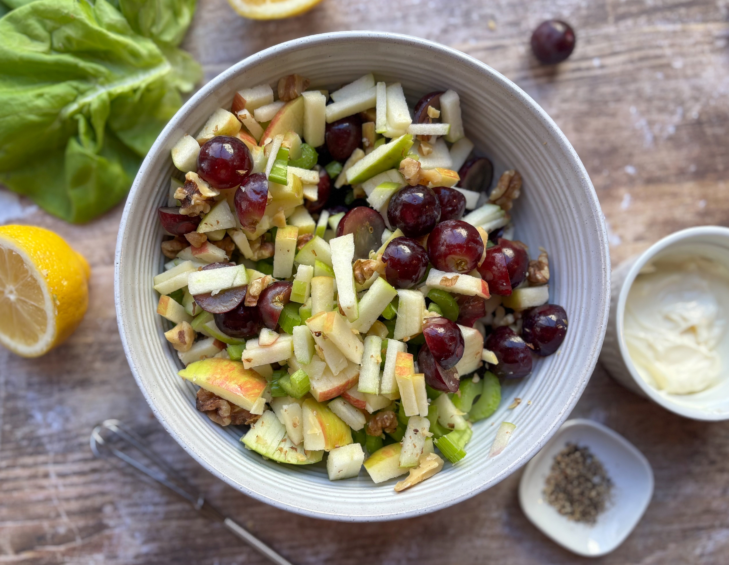 Waldorf Salad ingredients in a bowl before dressing has been added.