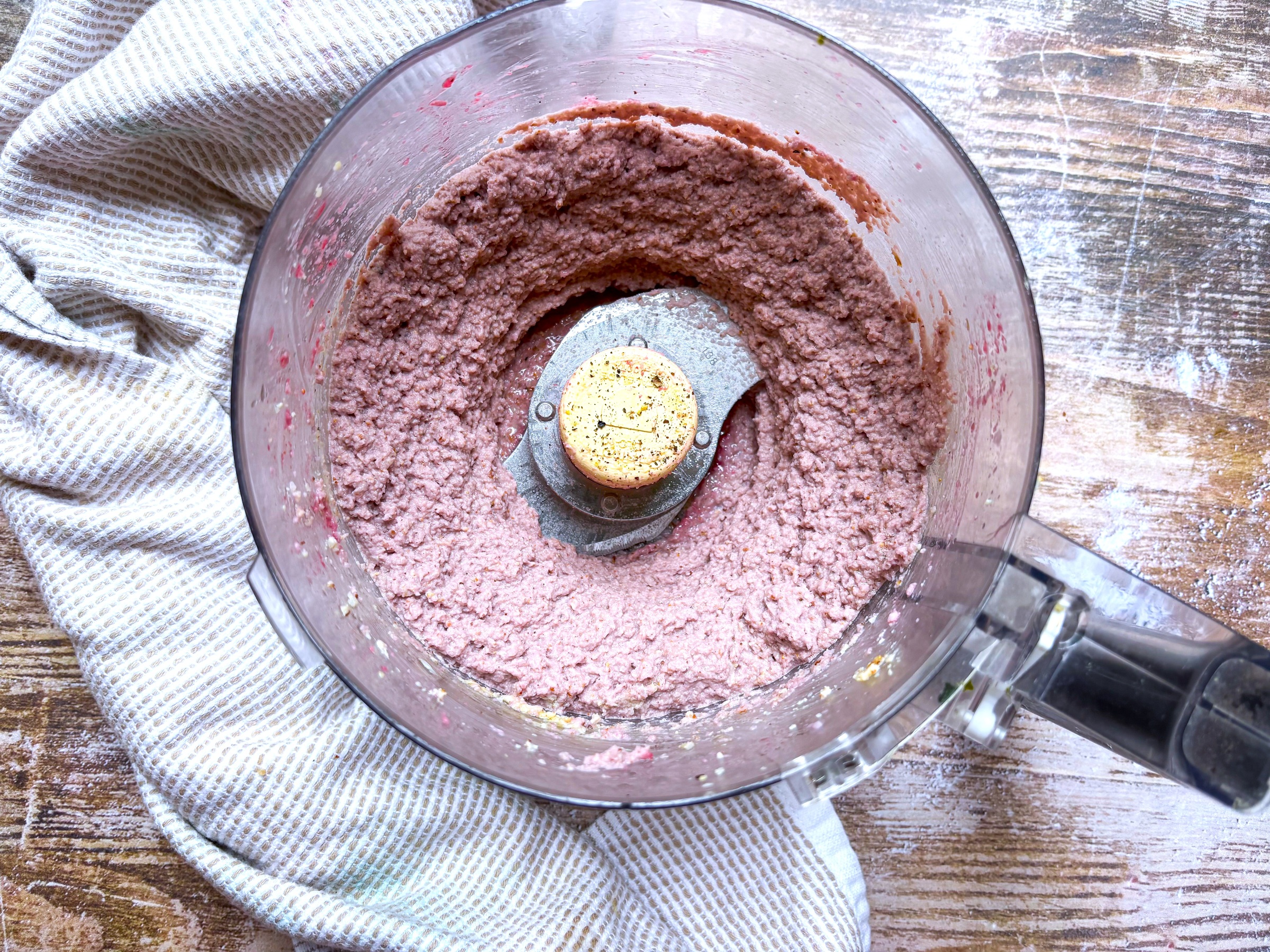 Hibiscus-Cauliflower Hummus finished in the food processor.