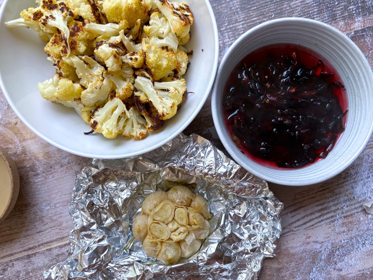 Roasted cauliflower, roasted garlic, and hibiscus tea.