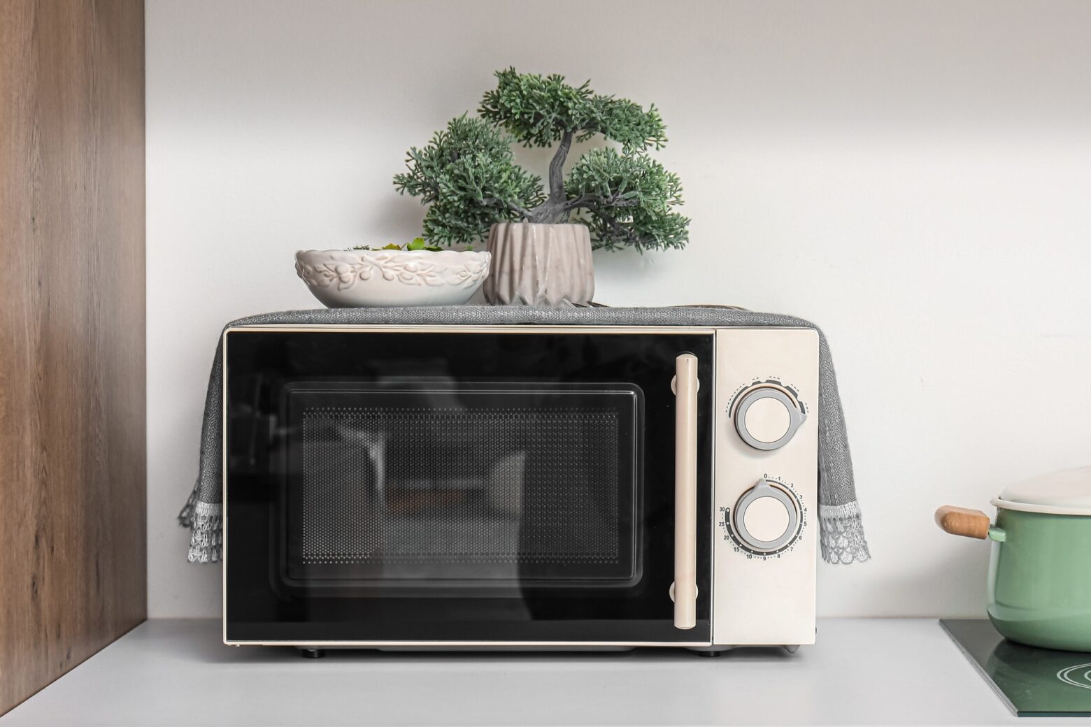 Microwave on a countertop with a fake bonsai on top.