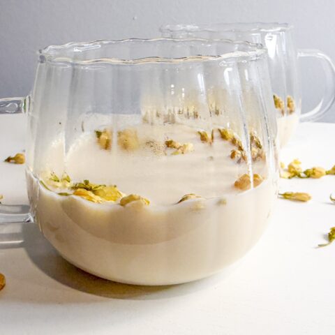 Finished Jasmine Green Tea Latte in a glass mug