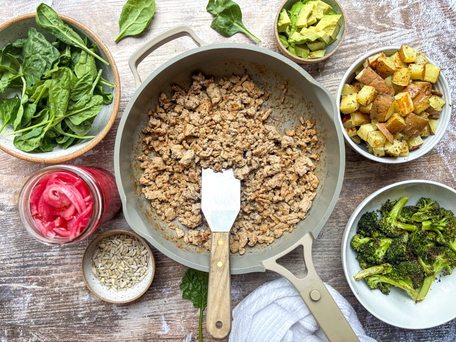 Prepped ingredients for Ground Turkey Protein Bowls.