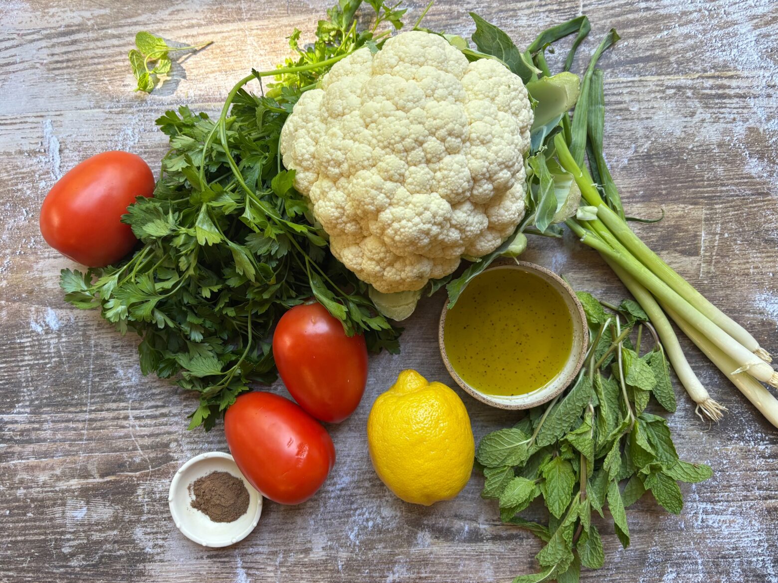 Ingredients for Cauliflower Tabouli Salad.