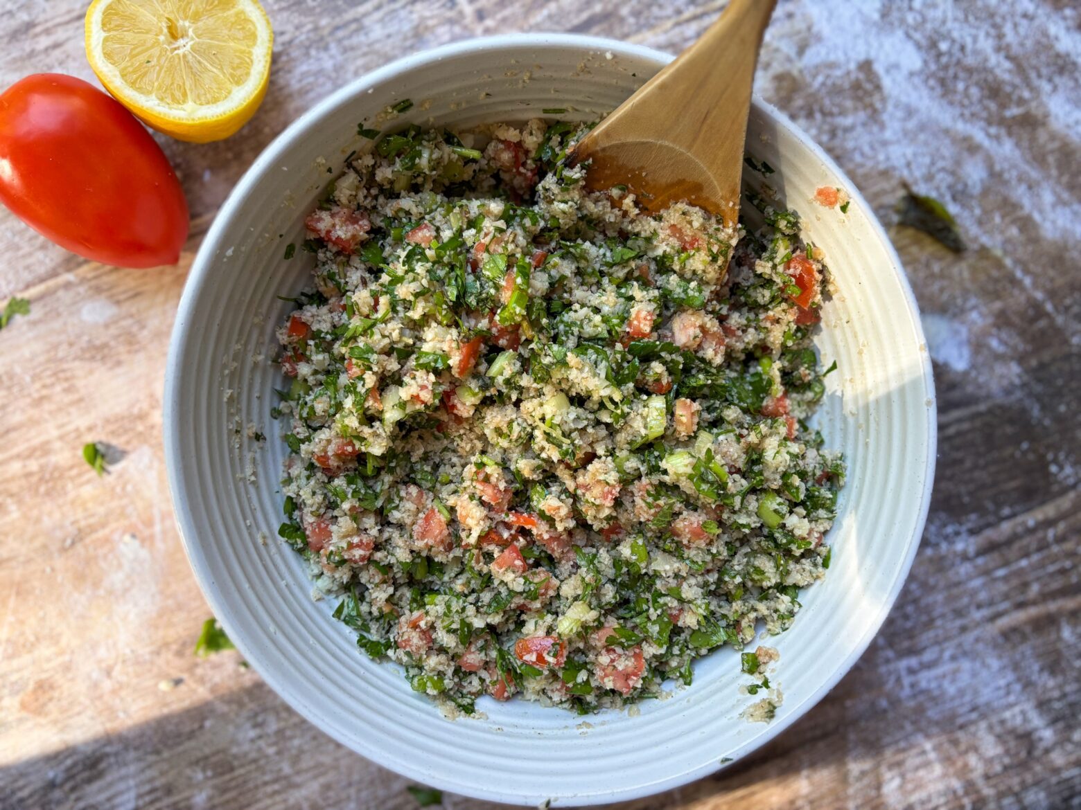 Finished Cauliflower Tabouli Salad in a bowl.