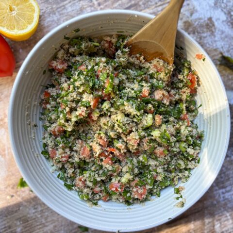Finished Cauliflower Tabouli Salad in a bowl.