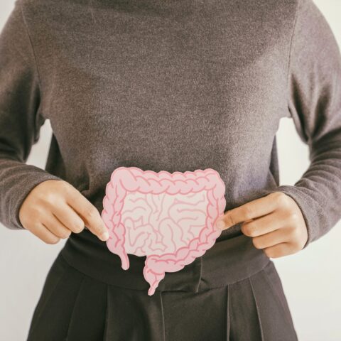 Woman holding a cutout diagram of an intestine over her abdomen.