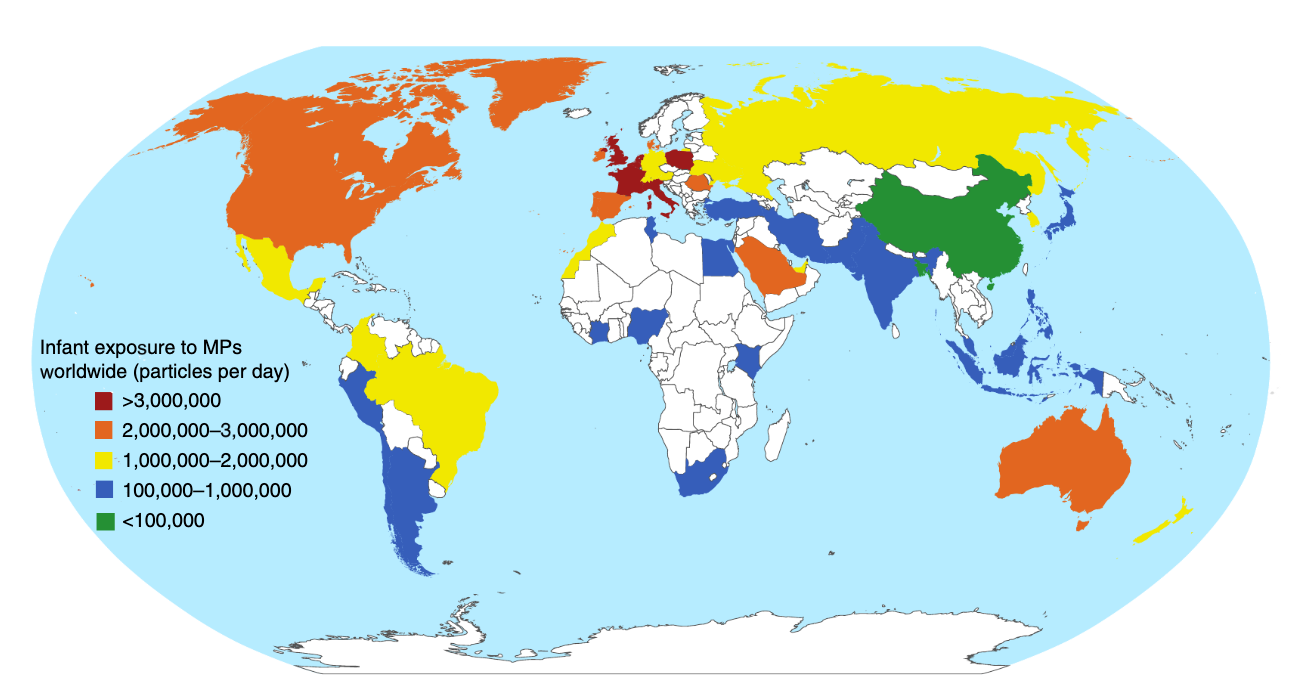 Map showing incidence of infant exposure to microplastics.