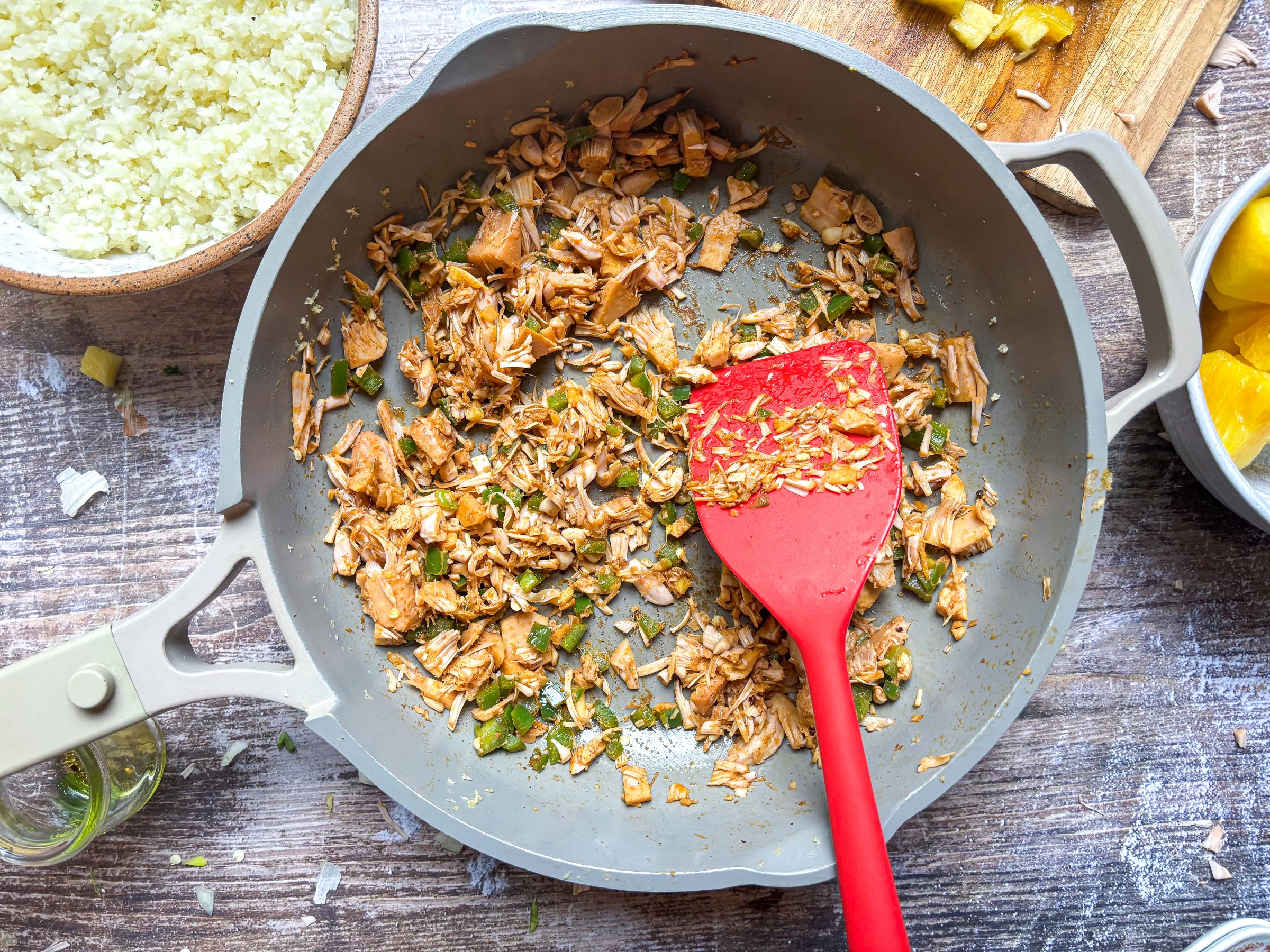 Jackfruit carne asada cooked in a pan.