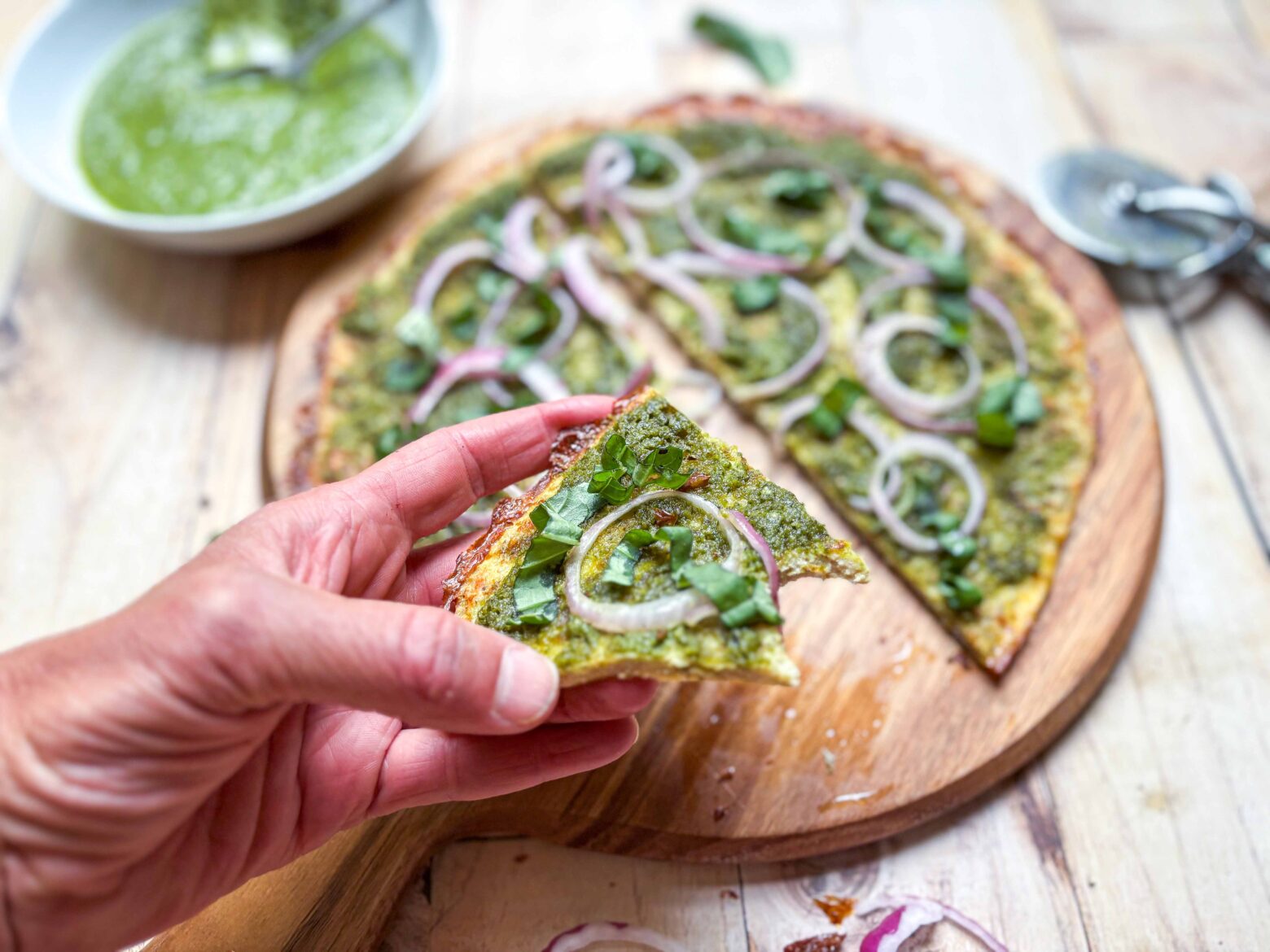 Eating Pesto Chicken-Crust Pizza