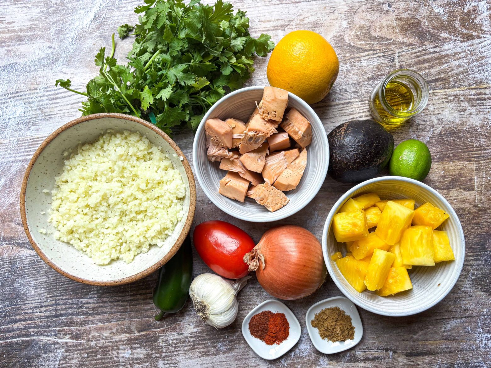 Ingredients for Jackfruit Carne Asada Burrito Bowls
