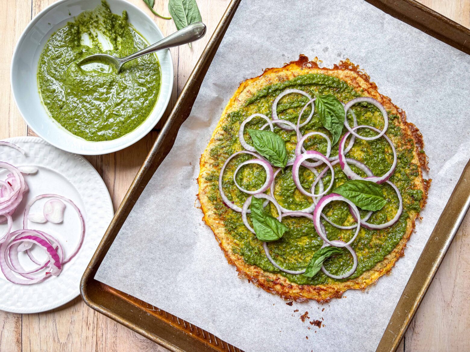 Pesto Chicken-Crust Pizza before final baking