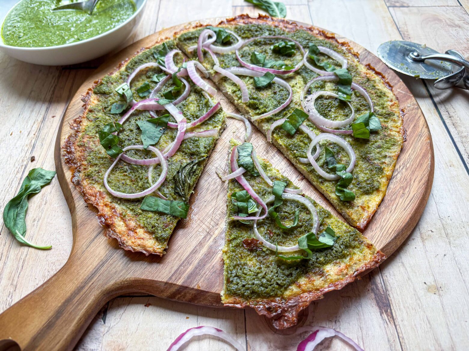 Pesto Chicken-Crust Pizza sliced