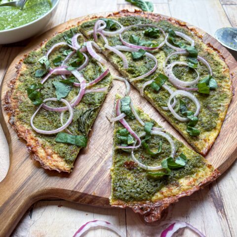 Pesto Chicken-Crust Pizza sliced