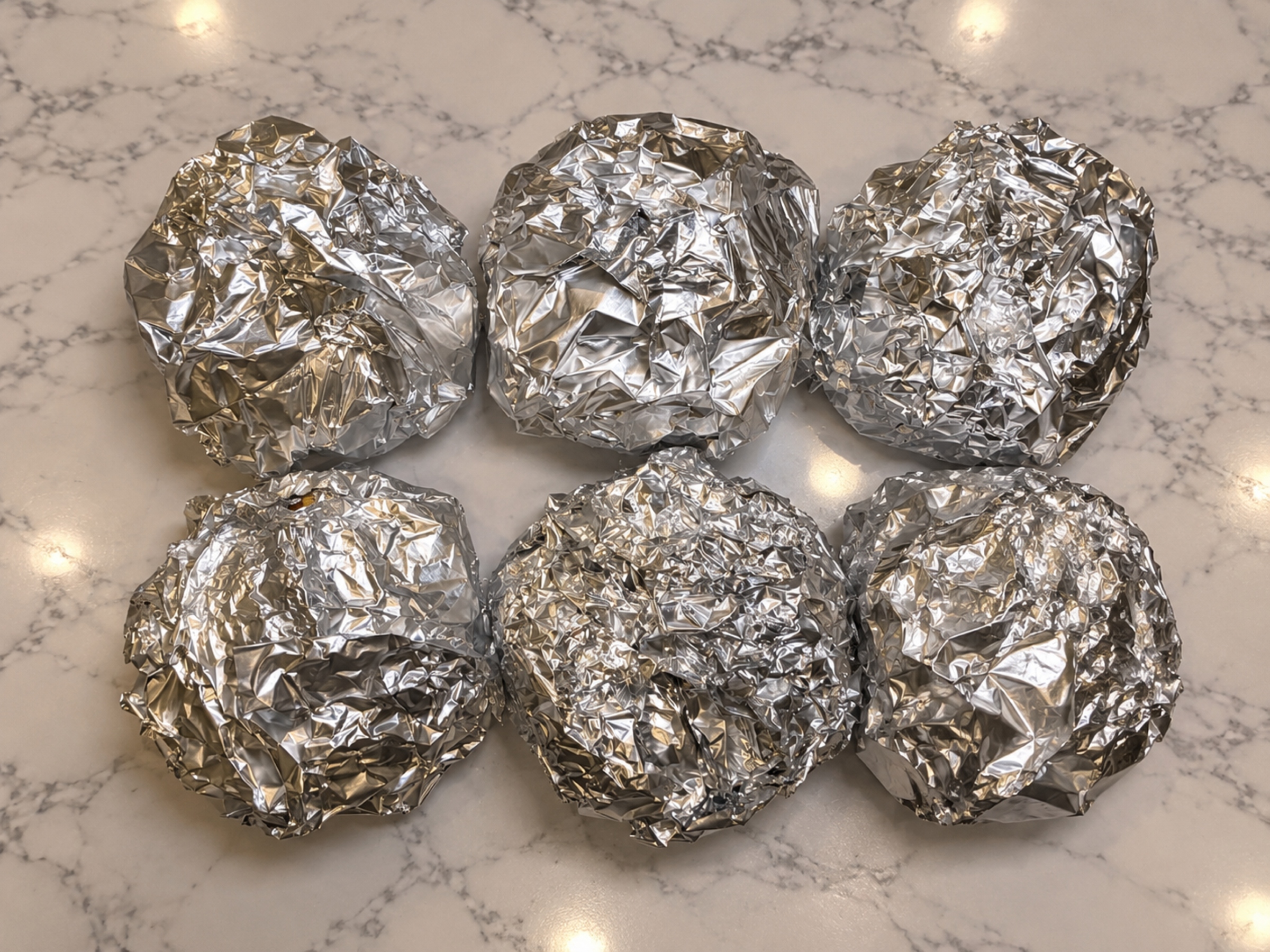 Finished breakfast sandwiches individually wrapped in foil.