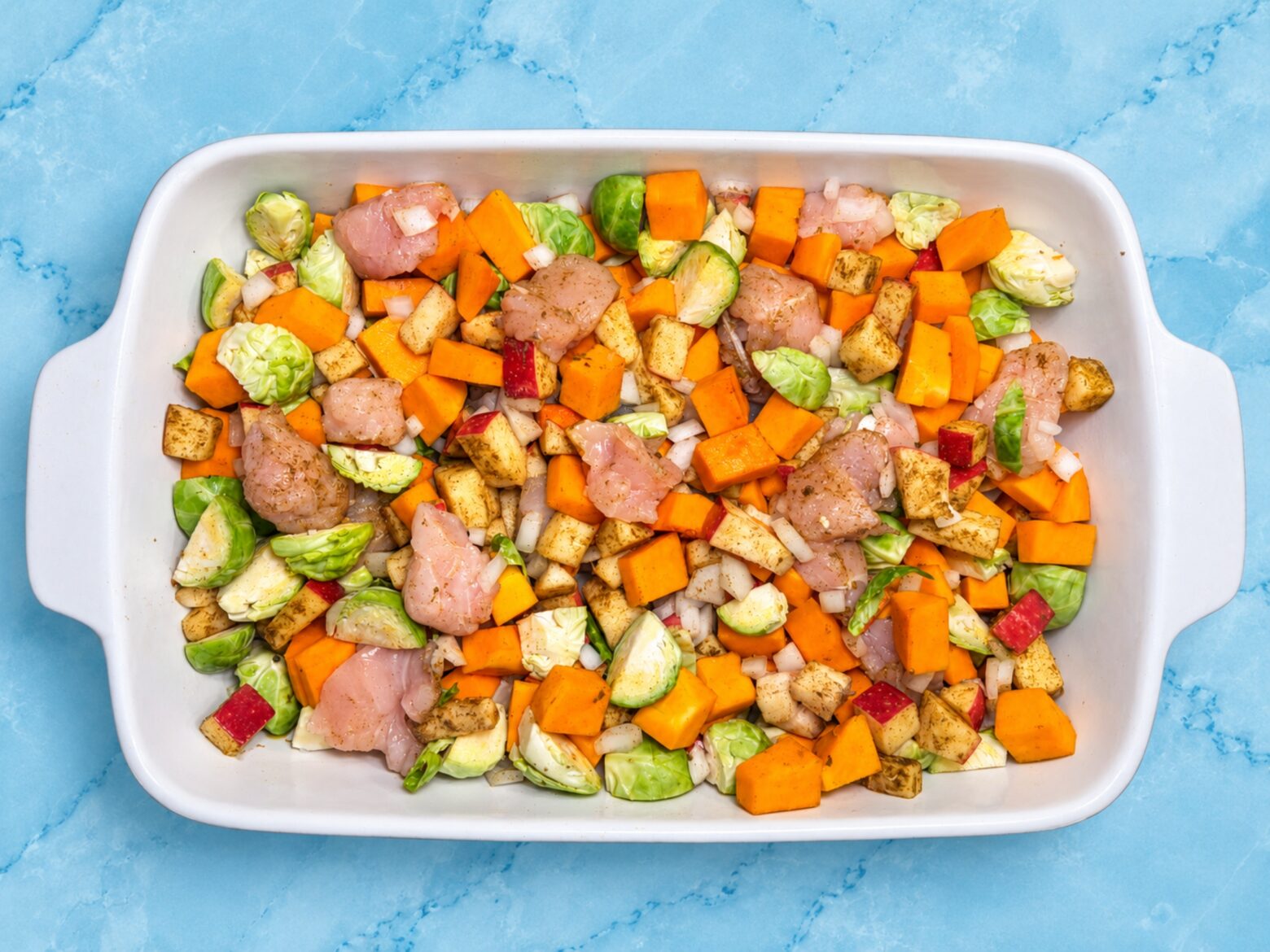 Prepped fall chicken casserole before baking.