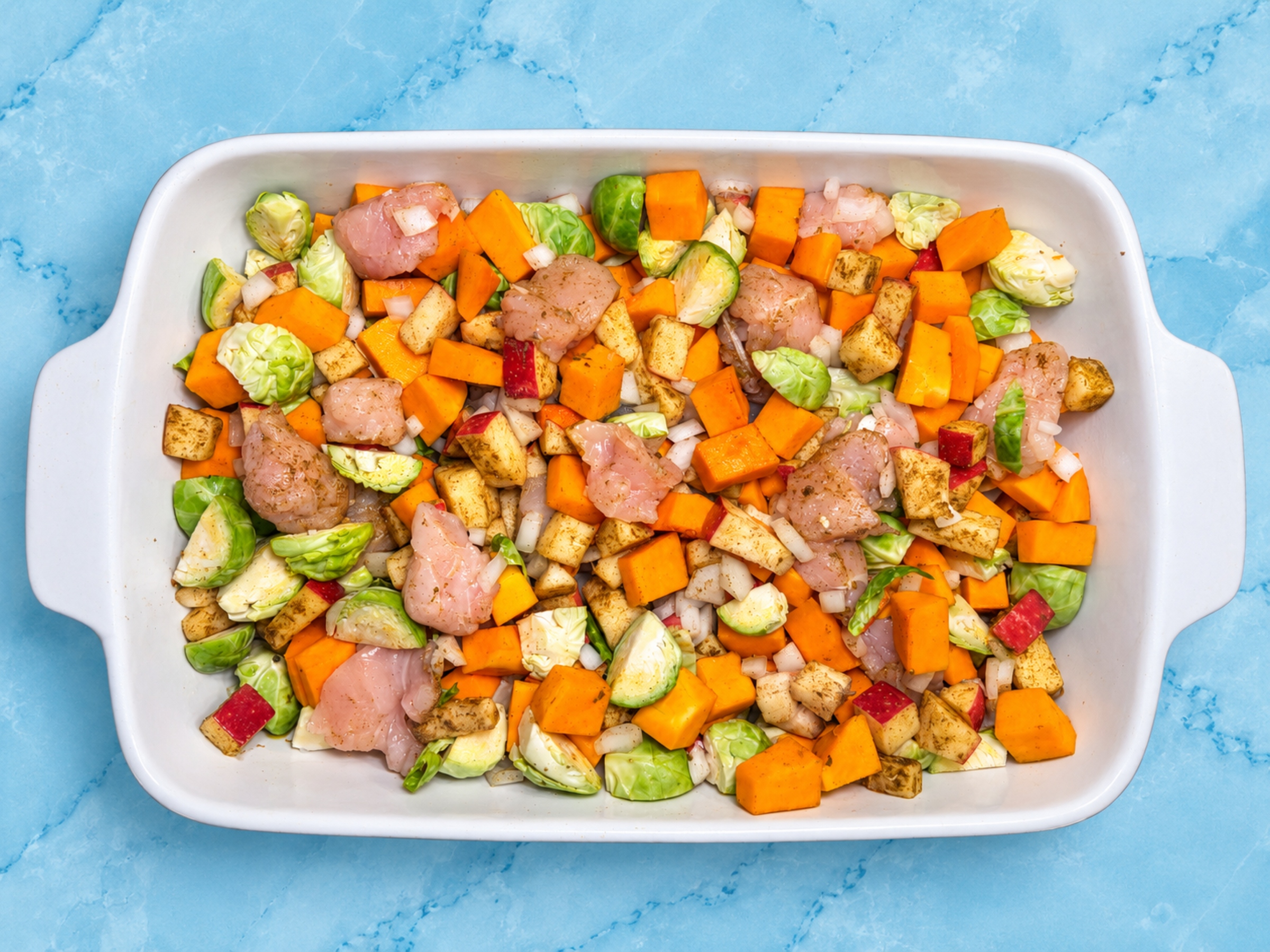 Prepped fall chicken casserole before baking.